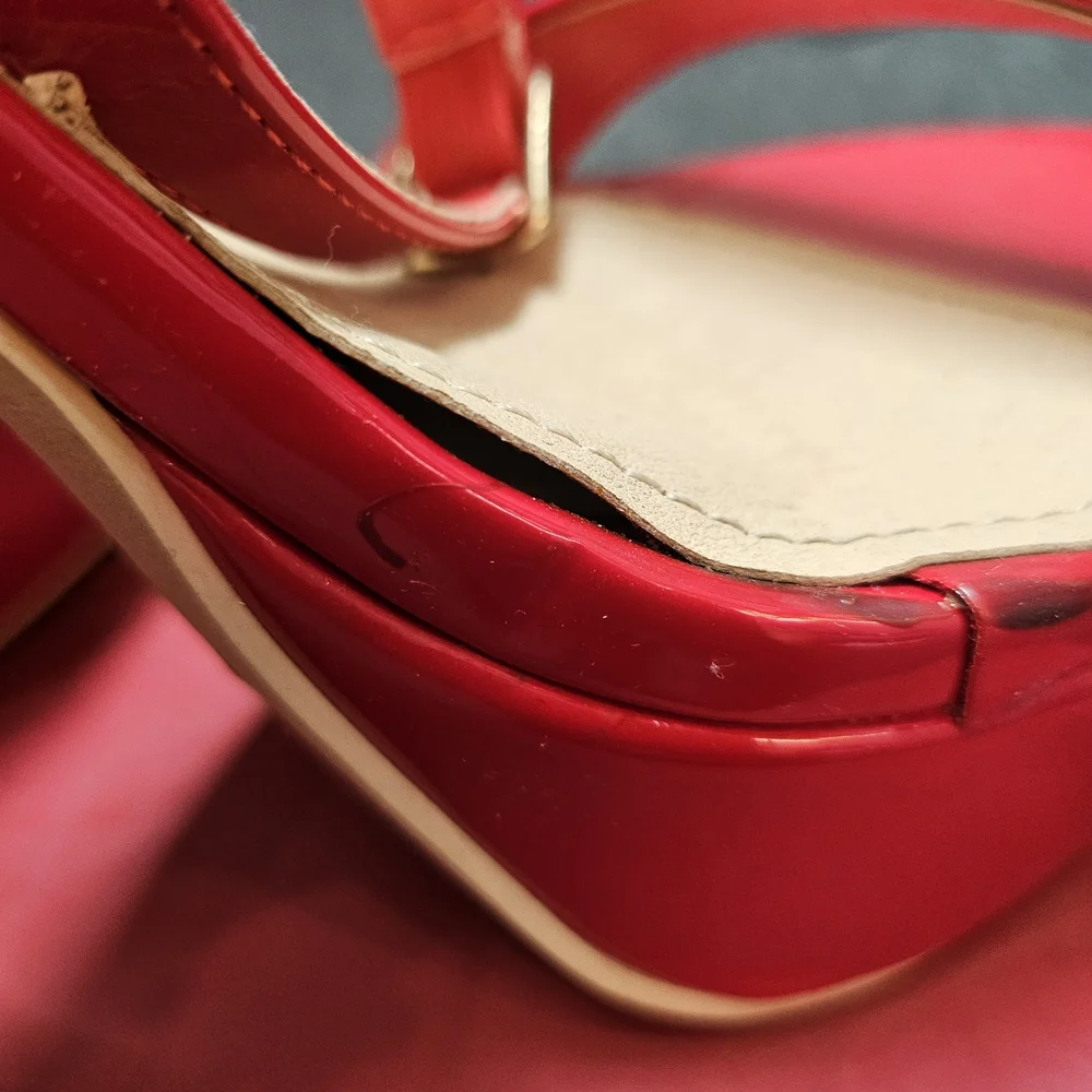 Mackin J Red Patent Open Toe Ankle Strapped Platform Chunky Heels Size 8